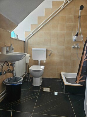 Hair dryer, towels, soap, toilet paper