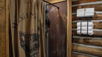 Shower, towels, toilet paper