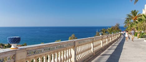 A seaside promenade with a balustrade, palm trees, and the ocean in the background.