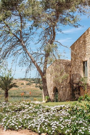 Un bâtiment en pierre doté d’un balcon, entouré d’un jardin où poussent des fleurs blanches et un grand arbre.