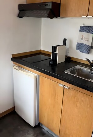 Réfrigérateur, micro-ondes, plaque de cuisson, cafetière/bouilloire