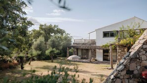 A modern house with a stone wall, a patio, and a garden with trees and shrubs. - Pedras Altas Apartment with Shared Pool (Castelo de Vide)