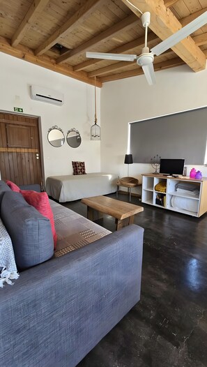 Una televisión, una mesa de tenis de mesa