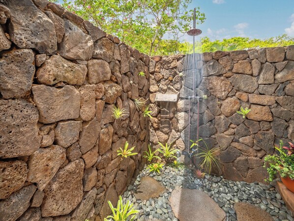 A stone wall with a water feature and potted plants.