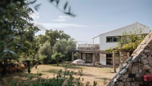 A modern house with a stone wall, a patio, and a garden with trees and shrubs. - Rolhas Apartment with Shared Pool (Castelo de Vide)