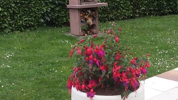 Un jardin avec un barbecue en pierre et une plante en pot ornée de fleurs rouges.