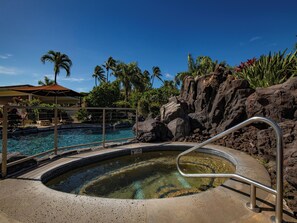 A swimming pool with a rocky edge, surrounded by palm trees and a clear blue sky.