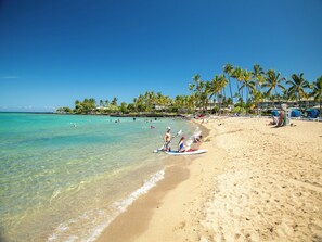 Een strand met helder turquoise water, palmbomen en een zandkust.