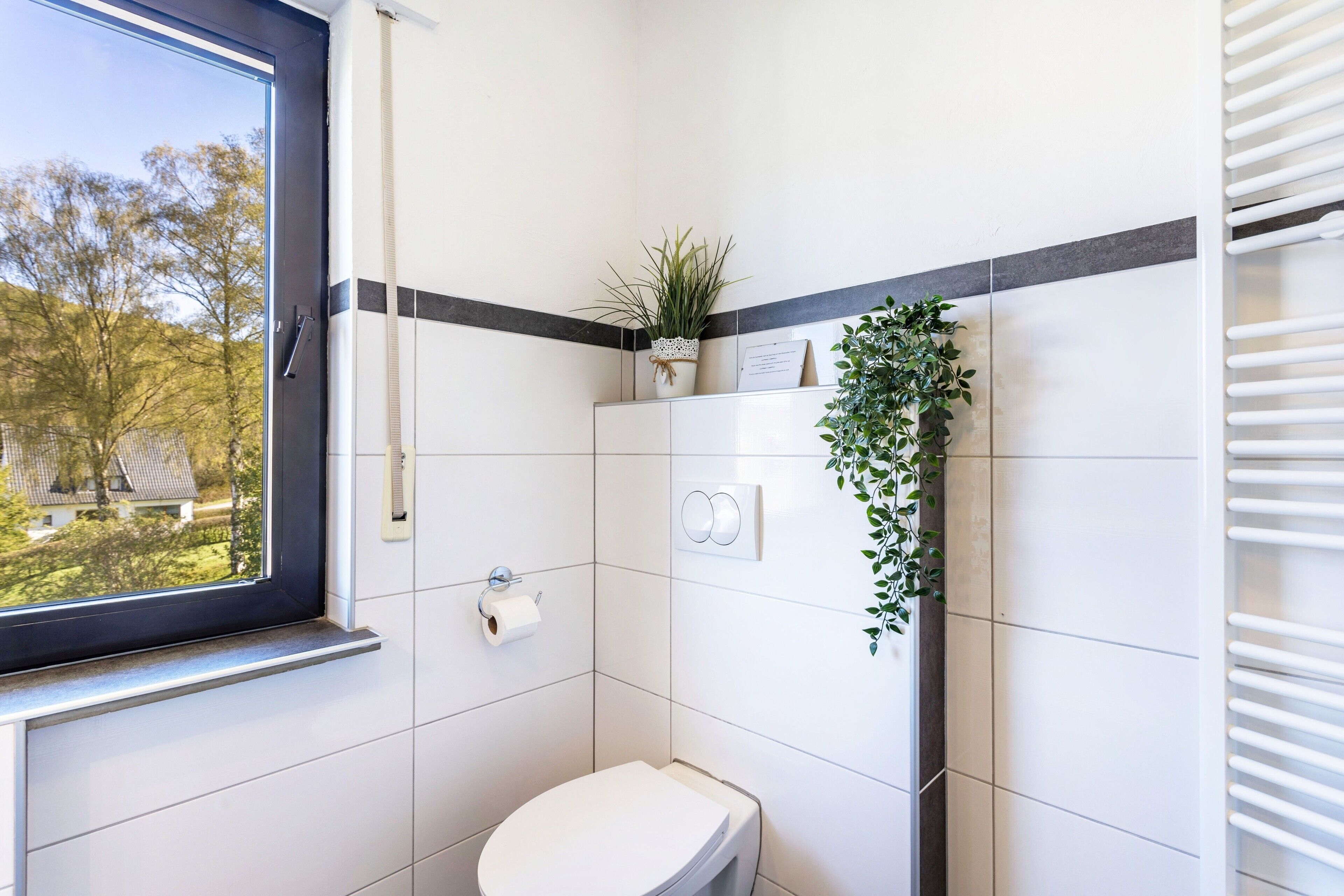 A bathroom with a toilet, a towel rack, a plant, and a window.