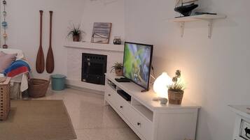 Una televisión, una chimenea, un reproductor estéreo