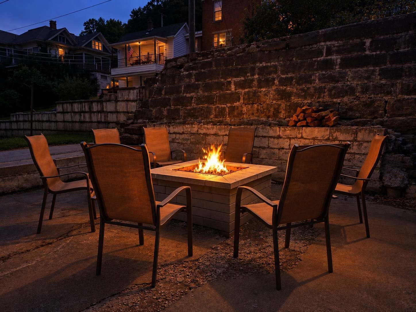 Un espacio al aire libre con una chimenea cuadrada rodeada por seis sillas.