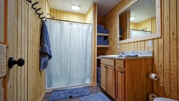 Shower, hair dryer, towels, shampoo