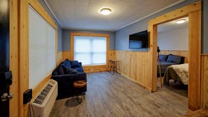 Una habitación con piso de madera, un sofá, una cama, un televisor y una ventana.