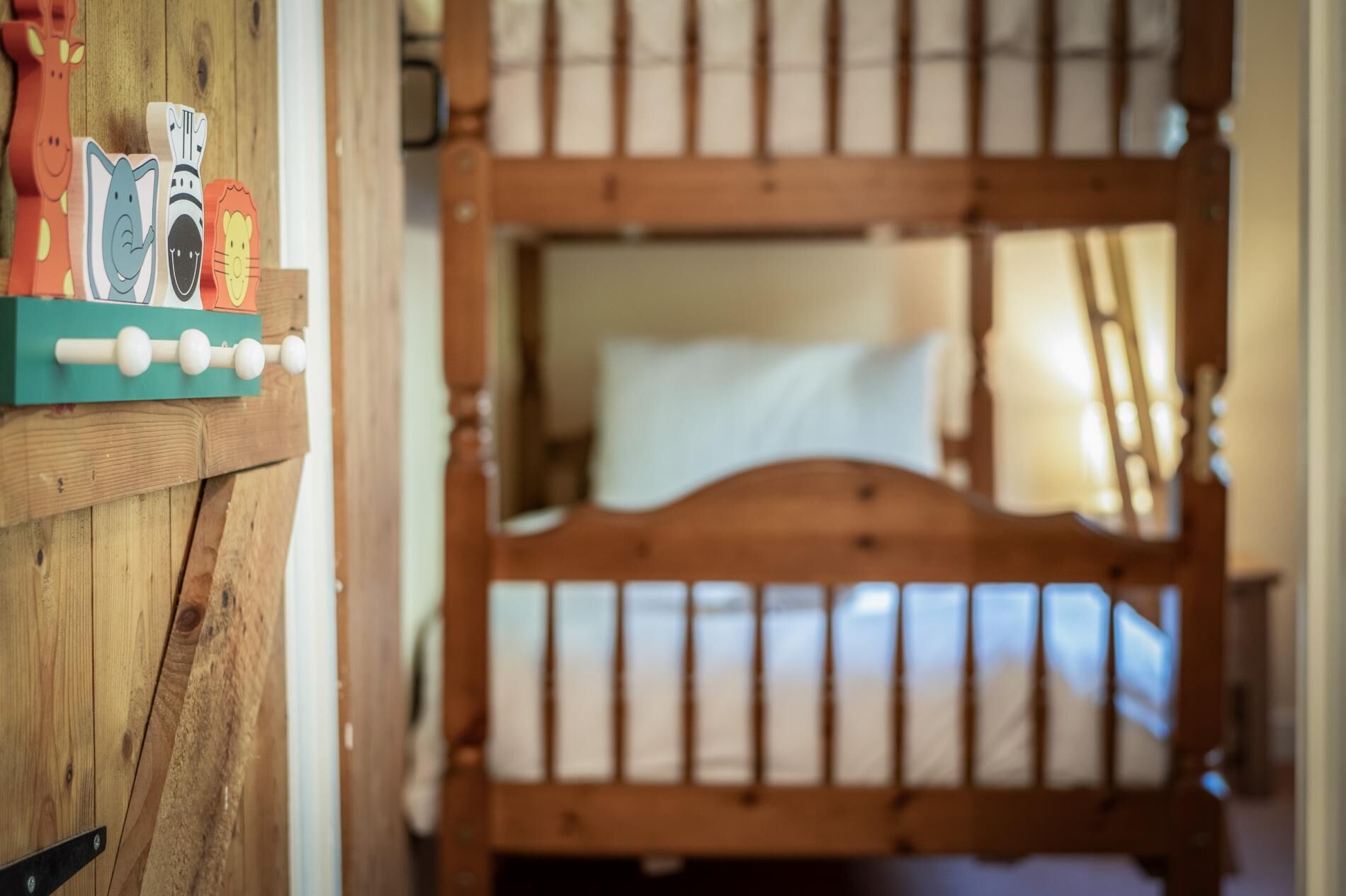A wooden bed with a headboard, a green shelf with toys, and a wooden door.