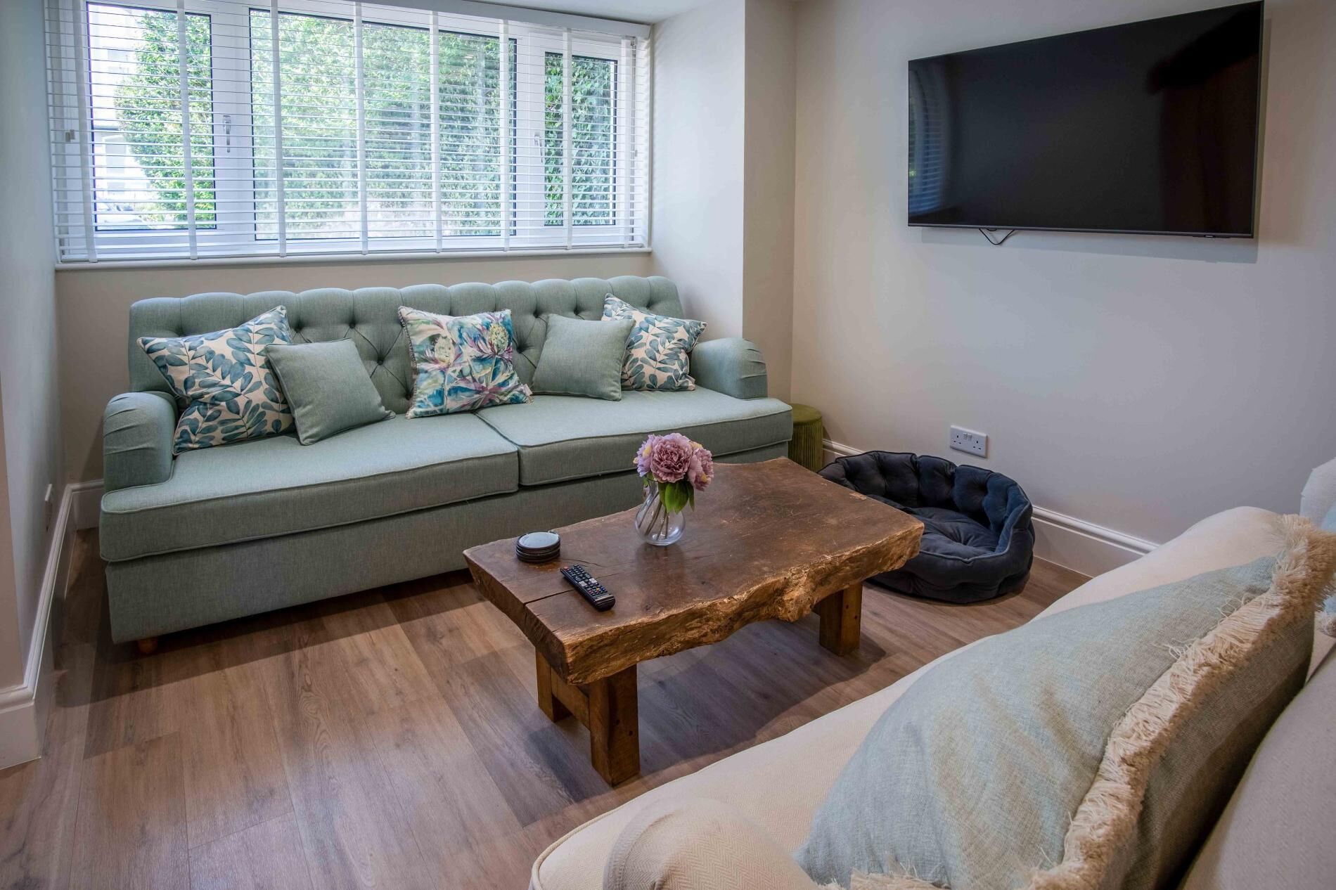 Ein Wohnzimmer mit einem grünen Sofa, einem Holztisch, einem schwarzen Haustierbett und einem an der Wand befestigten Flachbildfernseher.