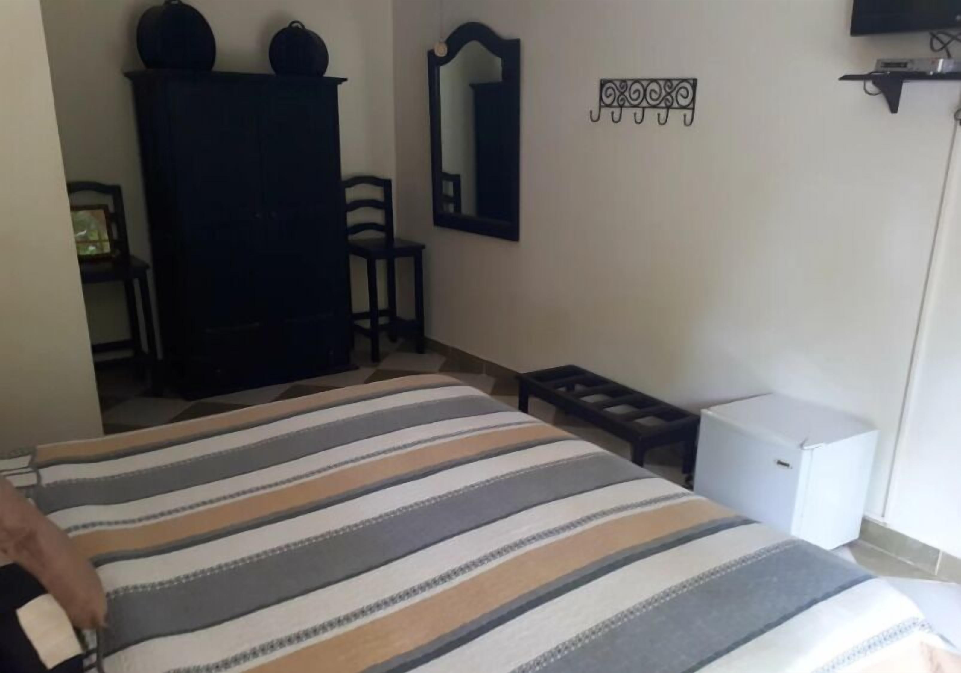 A bedroom with a bed, a dresser, a mirror, and a television.
