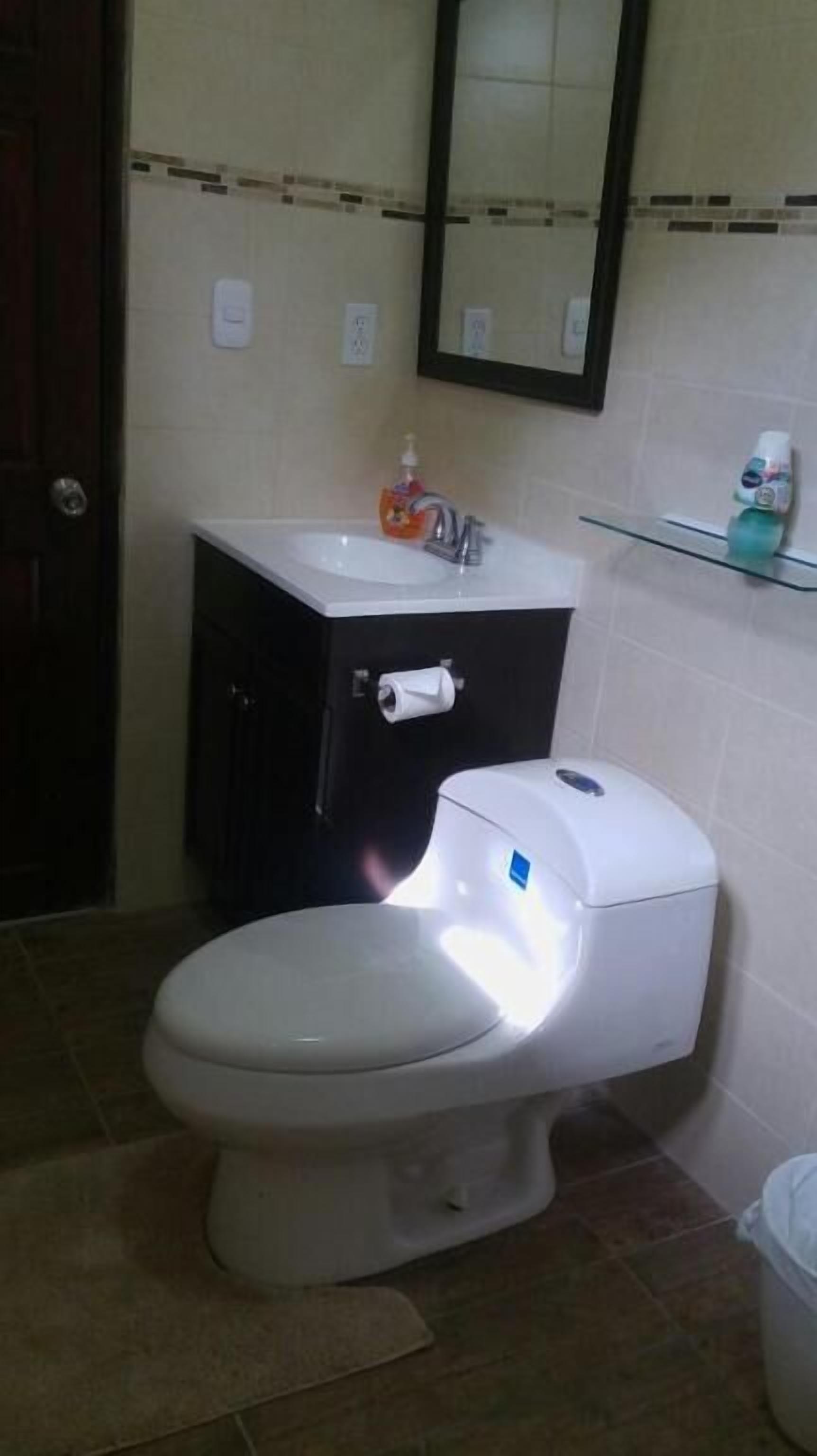 A bathroom with a toilet, sink, and mirror.
