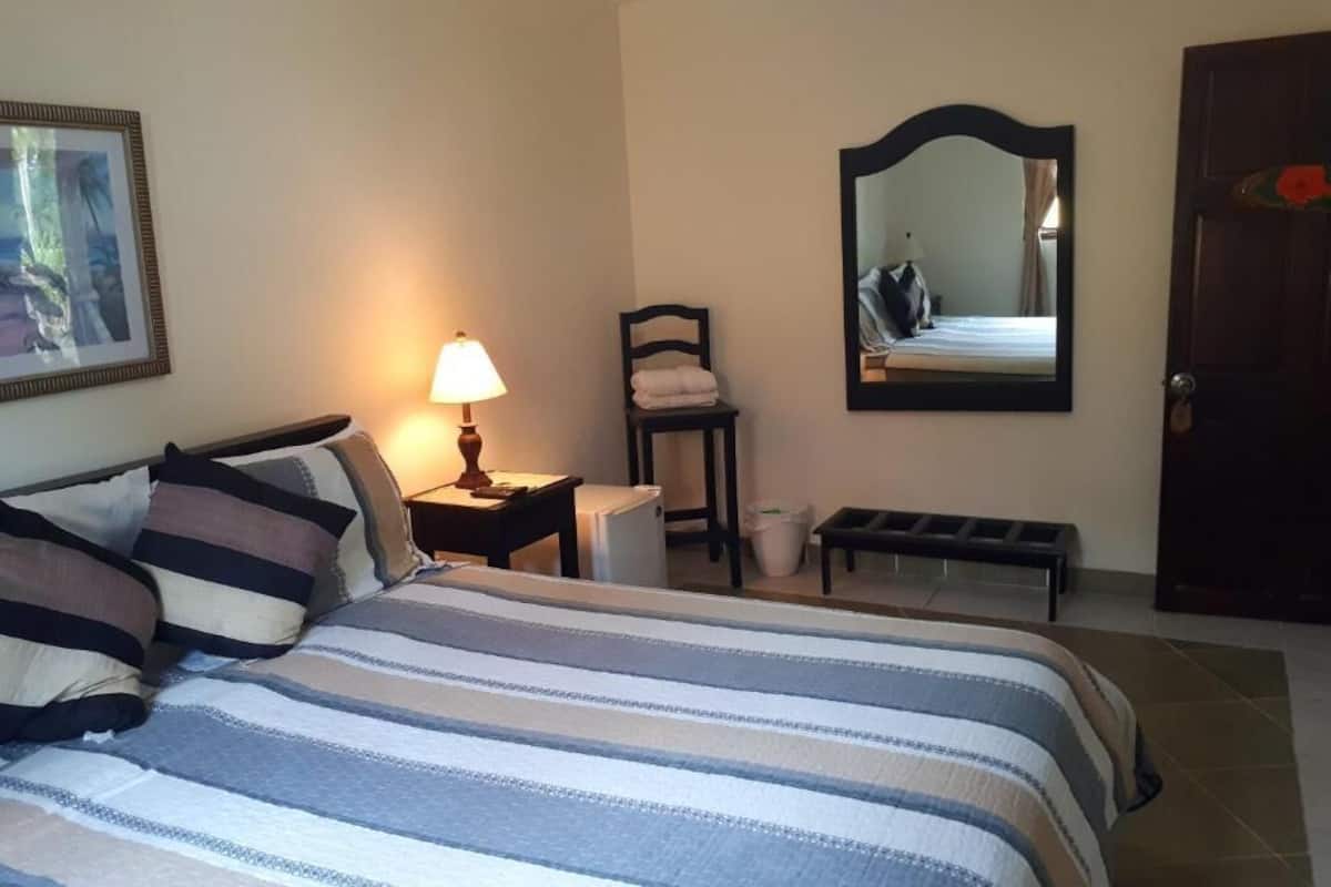 A hotel room with a bed, a nightstand with a lamp, a chair, a bench, a trash bin, a mirror, and a door.