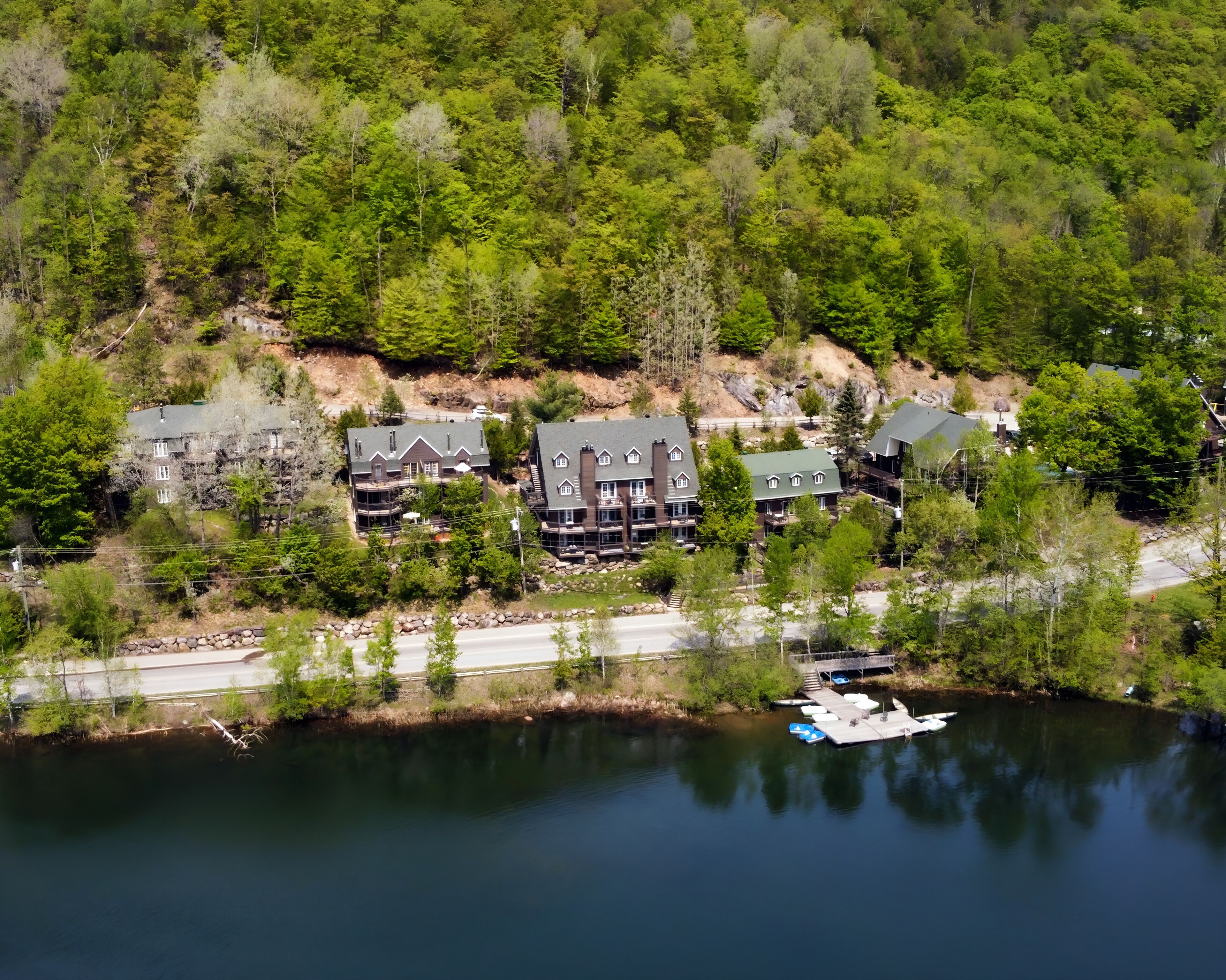 An aerial view of a lakeside property with multiple houses, a dock, and a road leading to the houses.