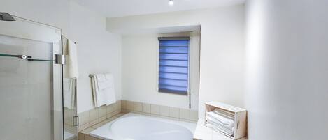A modern bathroom with a glass shower enclosure, a bathtub, and a window with blinds.