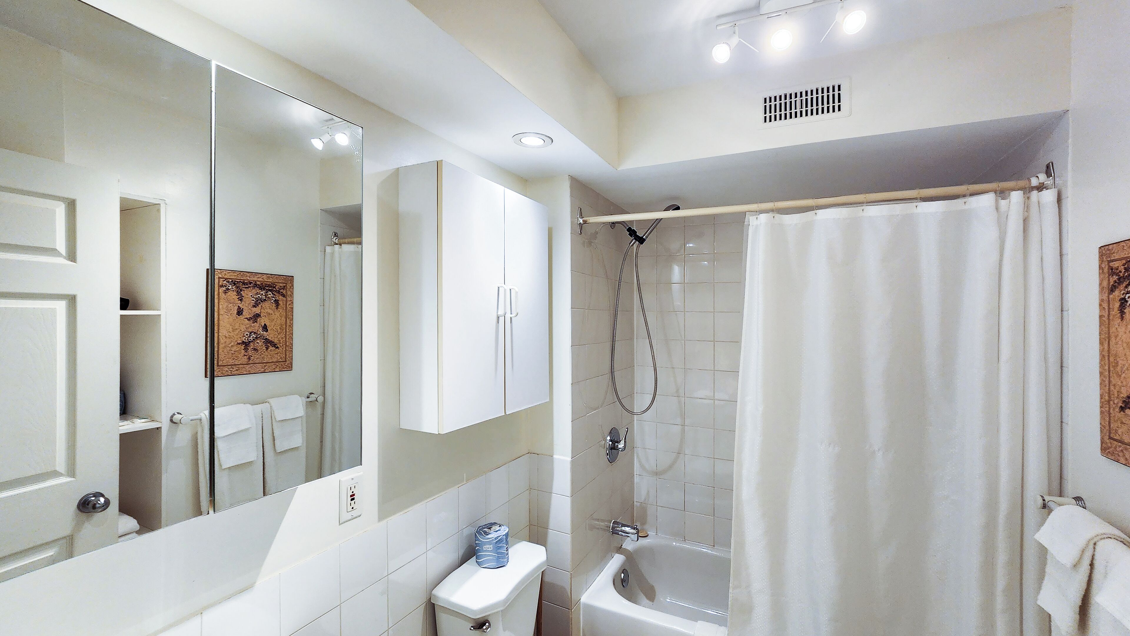 Combined shower/bathtub, hair dryer, towels, soap
