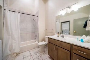 Hair dryer, towels, soap, toilet paper