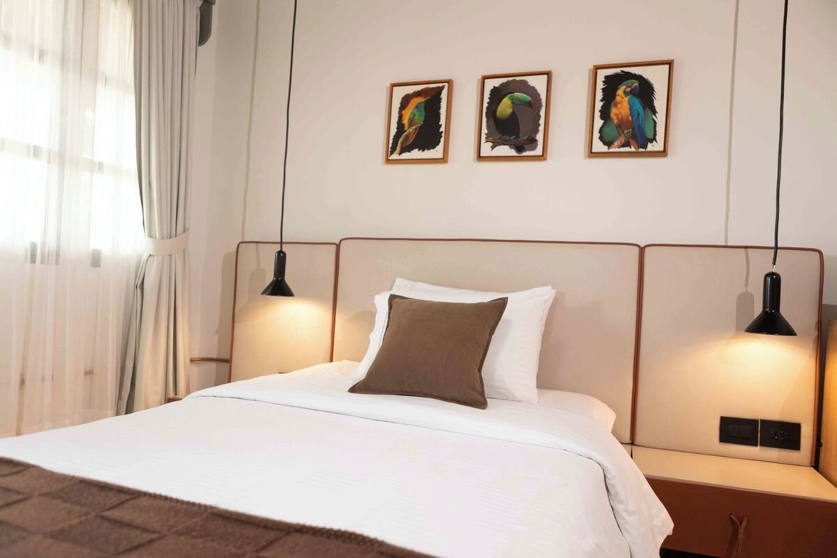 A neatly made bed with a brown pillow, two bedside lamps, and three framed bird paintings on the wall.