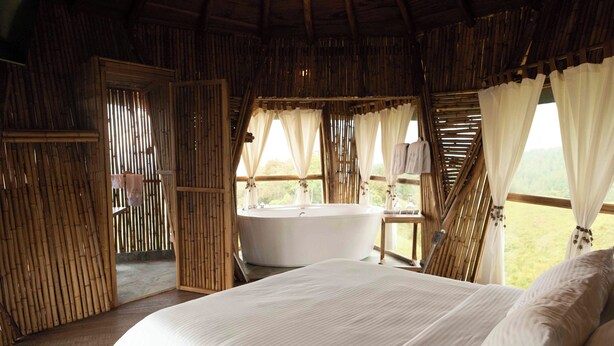 A room with a large bed, a bathtub, and a view of the outdoors.