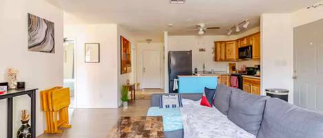 TV, fireplace, books