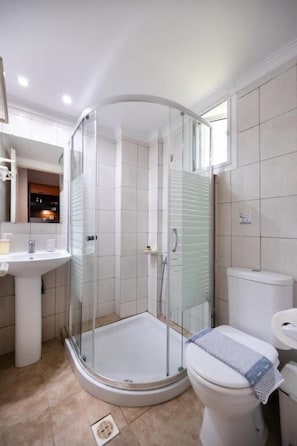 A modern bathroom with a glass-enclosed shower, a toilet, and a sink. - Villa Fenia (Lefkada)