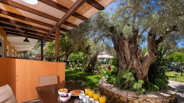 Un espace de restauration en plein air agrémenté d’un mur en pierre, d’un grand arbre et offrant une vue sur un jardin.