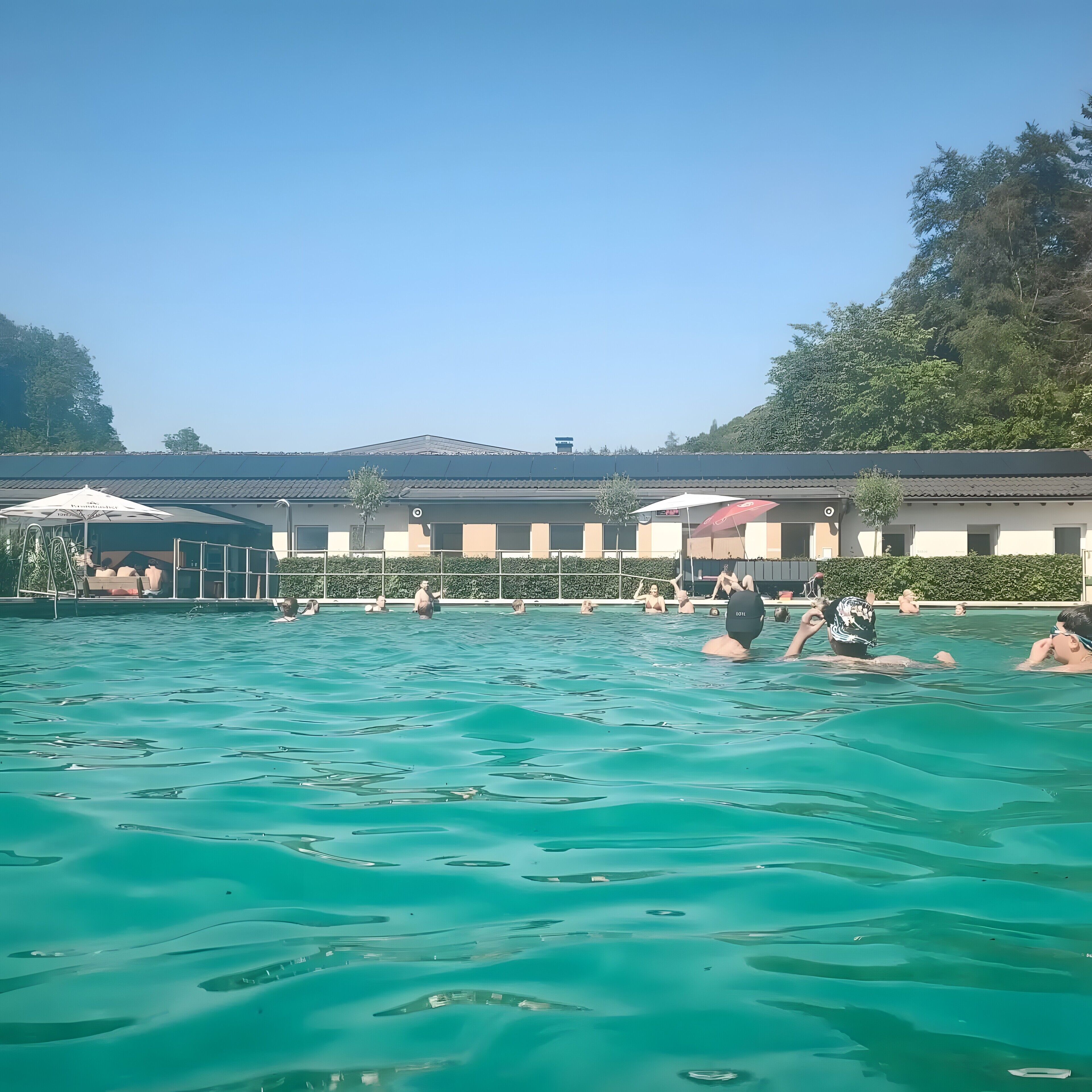 Ein Schwimmbad mit Personen, ein Gebäude mit einem Ziegeldach und Grünpflanzen im Hintergrund.
