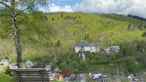 A bench in a grassy area with a road leading to a hillside with houses and a large building. - 'Bilstein' Apartment in a Quiet, Central Location (Lennestadt)