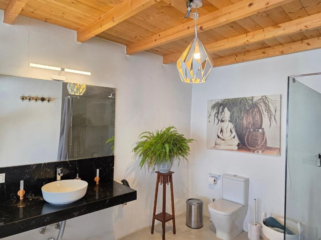 Un baño moderno con lavamanos de encimera negra, un taburete de madera con una planta, cerramiento de ducha de vidrio y un inodoro.