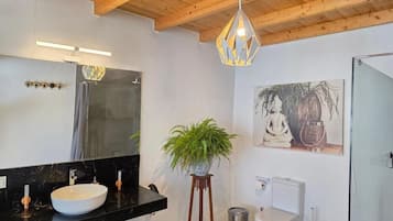 Un baño moderno con lavamanos de encimera negra, un taburete de madera con una planta, cerramiento de ducha de vidrio y un inodoro.