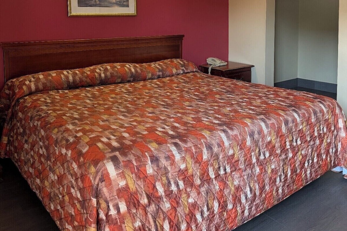Una habitación de hotel con una cama grande, una mesita de noche, un teléfono, un cuadro en la pared y una puerta que da al baño.