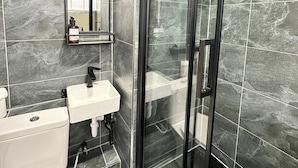 A modern bathroom with a glass shower enclosure, a white sink, and a toilet.