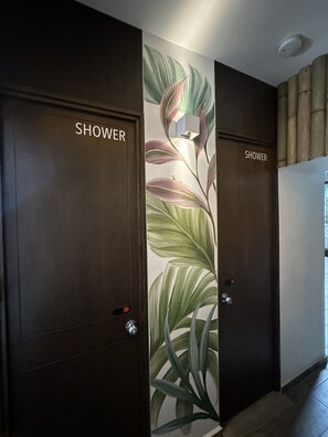 Hair dryer, towels, soap, shampoo