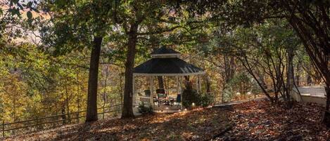 A gazebo with a roof and seating area surrounded by trees and fallen leaves.