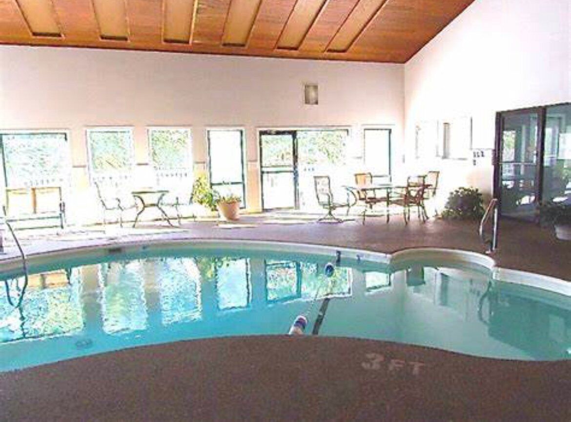 Zona de piscina con techo de madera, mobiliario exterior y ventanas amplias.