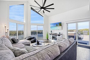 House, Multiple Beds, Hot Tub (The Grandview) | Living area - Amazing Sunset Lake Views, Huge Deck & Hot Tub! (Sunrise Beach)