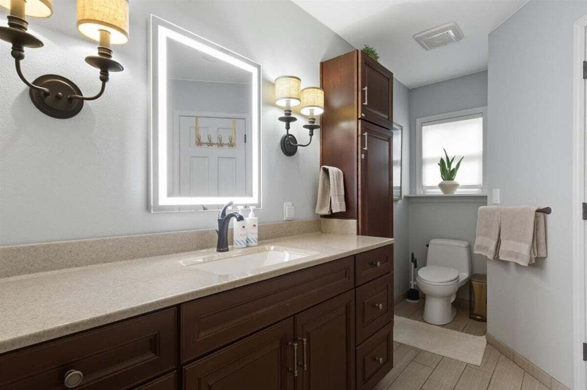 Une salle de bain avec un meuble-lavabo à deux vasques, un grand miroir, des appliques murales, des toilettes et une fenêtre avec une plante.