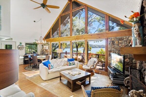 House, Multiple Beds, Patio (Woodmont Point) | Living area - Woodmont Point - Wooded Private Lakefront Retreat With Deep Cove Dock and Great Swimming! (Camdenton)