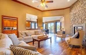 House, Multiple Beds, Hot Tub (Grande Porto Cima) | Living area - Porto Cima w/ Game Room, Dock, Boat Slip, Kayaks, Lakeside Fireplace & Hot Tub (Sunrise Beach)