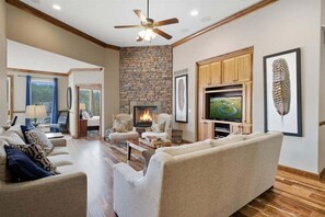 House, Multiple Beds, Hot Tub (Grande Porto Cima) | Living area - Porto Cima w/ Game Room, Dock, Boat Slip, Kayaks, Lakeside Fireplace & Hot Tub (Sunrise Beach)