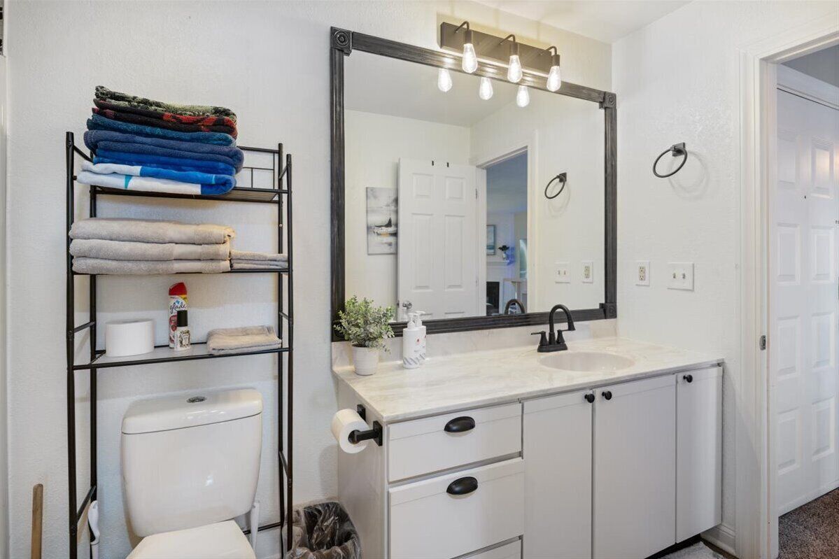 A bathroom with a toilet, sink, and mirror. There is a towel rack with folded towels and a potted plant on the sink counter.