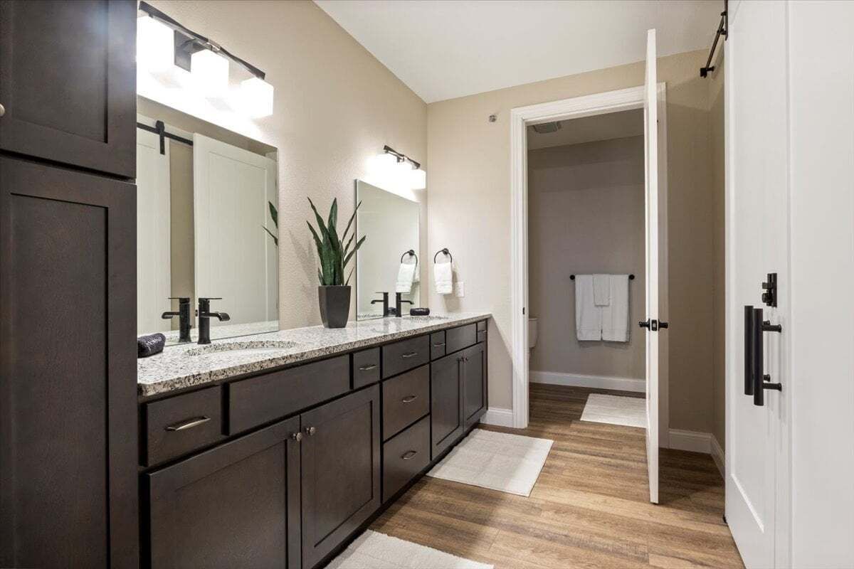 Une salle de bain moderne avec des meubles sombres, un grand miroir et un plan de travail agrémenté d’une plante.