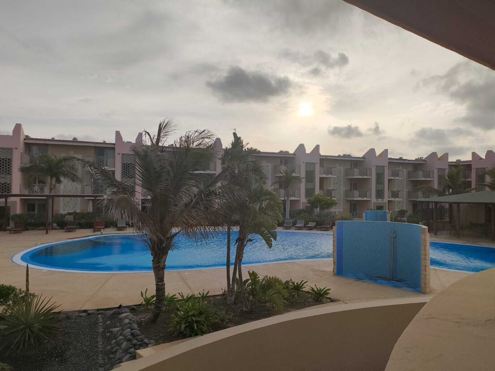 A swimming pool with palm trees and a building with balconies in the background.