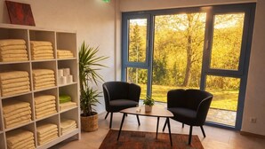 A room with a large window, two black chairs, a small table, a shelf with towels, and a potted plant. - Comfort Double Room with Free Parking (Schlitz)