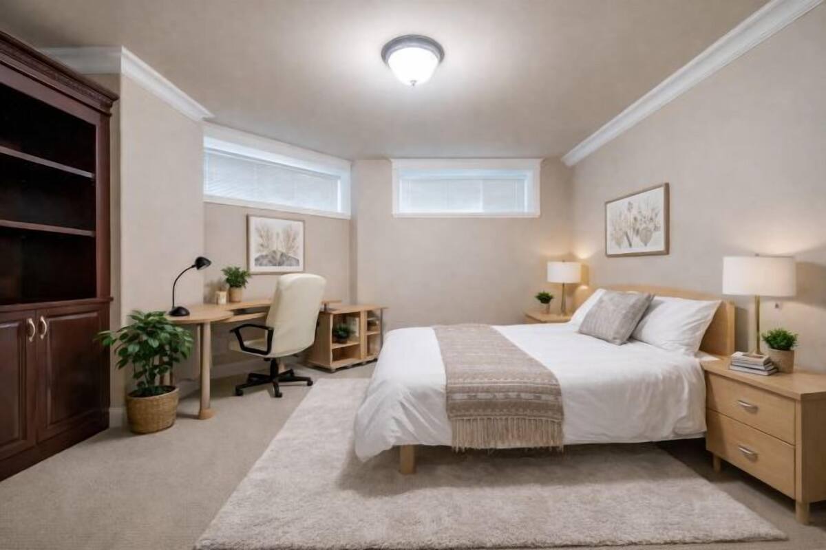 A bedroom with a bed, desk, chair, and nightstands.